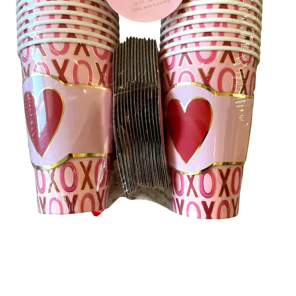 30pc Valentines Day XOXO To-Go Cups 16oz Disposable Pink & Red NEW